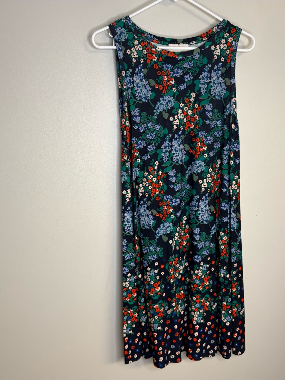 LOFT Navy Floral midi dress with Red and Green Accents